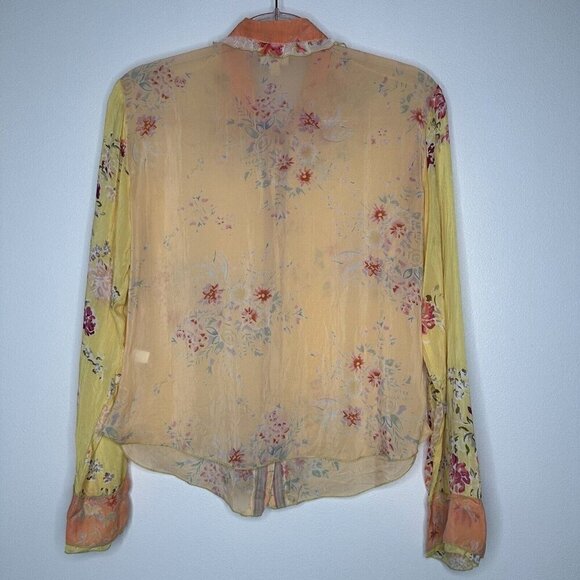 J Jill Ruffle Sheer Blouse Button Front Size S Floral Yellow Orange Cottagecore - Picture 9 of 14